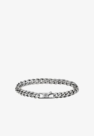 Silbernes Metallkettenarmband mit glatten, ovalen Gliedern und sicherem Verschluss. Verfügt über ein poliertes Finish und ein nahtloses Design.