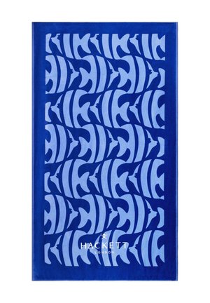 Blue rectangular fabric with repeating light blue abstract shapes and "Hackett London" logo at the bottom center.