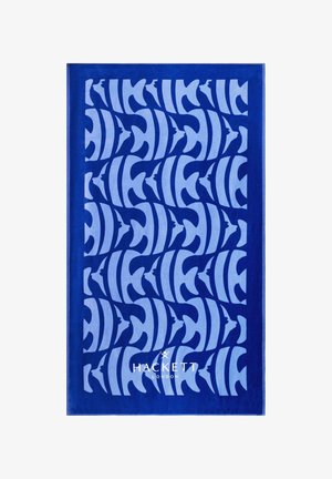 Tissu bleu rectangulaire avec des formes abstraites bleu clair répétées et le logo "Hackett London" en bas au centre.