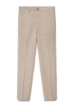 Pantalon beige sur mesure avec fermeture à bouton, passants pour ceinture, poches avant et plis marqués le long des jambes.