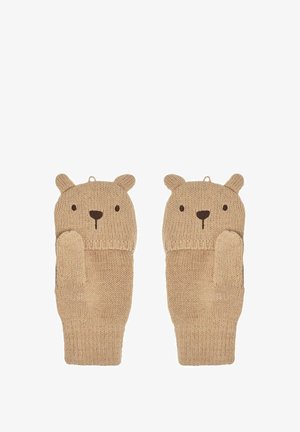 Beige gestrickte Fäustlinge mit Bärendesign. Enthält Bärenohren, gestickte Gesichtszüge, gerippte Manschette und glatte Textur.