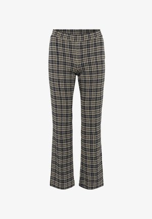 Hlače v mornarsko modrem in beigem karo vzorcu, z elastičnim pasom, pravim krojem in teksturirano tkanino.