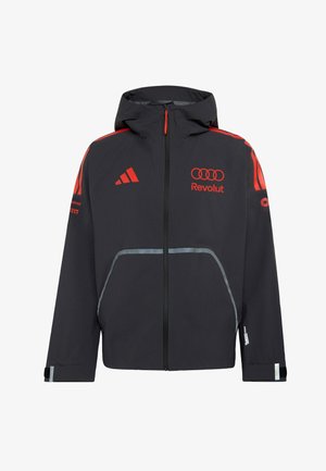 Black hooded jacket with red Adidas and Audi Revolut logos, red stripes on shoulders, and reflective strips on pockets and sleeves.