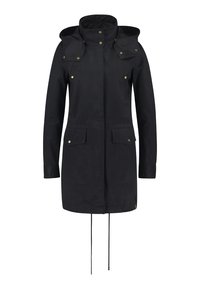 Černý nepromokavý kabát s vysokým límcem a kapucí, se zlatými kovovými prvky, dvěma předními kapsami a nastavitelnými šňůrkami na spodním lemu.