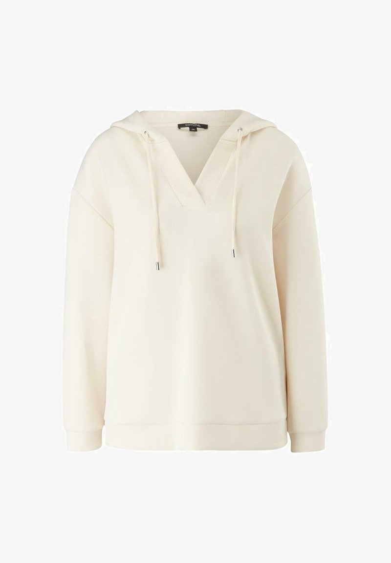 Felpa con cappuccio color crema con scollo a V, cappuccio con coulisse e maniche lunghe. Realizzata in tessuto morbido, presenta una vestibilità comoda e orlo a coste.