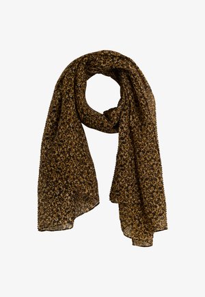 Bufanda de estampado de leopardo en marrón y negro, hecha de tejido ligero. Textura suave con un diseño fluido, bordes suavemente acabados.