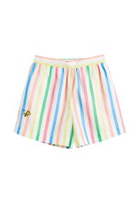 Un short rayé présente des lignes verticales dans des couleurs pastel : rose, vert, jaune et bleu. Un petit motif d'abeille jaune est brodé sur le devant.