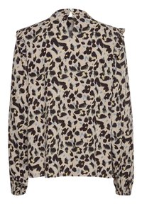 Musterbluse mit langen Ärmeln in Creme mit schwarzem, grünem und blauem Tierdruck. Mit Rüschendetails an den Schultern und einem geknöpften Ausschnitt im Rücken.