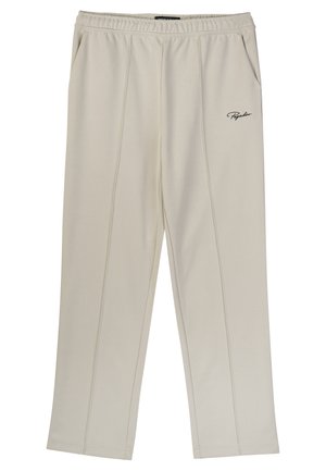 Light beige sweatpants made of soft fabric, featuring an elastic waistband, side pockets, and a small black logo on the left thigh.