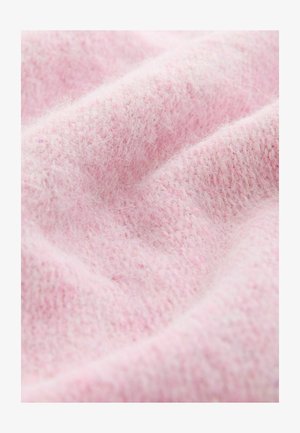 Hellrosa gestrickter Stoff mit einer weichen, flauschigen Textur, der eine lockere Struktur und leichte Farbvariationen aufweist.