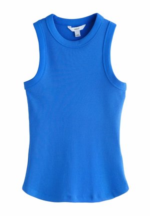 Sleeveless blue ribbed tank top with round neckline, fitted shape, and NEXT brand label inside collar.