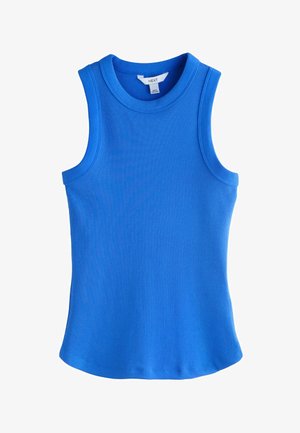 Modrý rebrovaný tielko bez rukávov s okrúhlym výstrihom, priliehavý strih a štítok značky NEXT vo vnútri goliera.