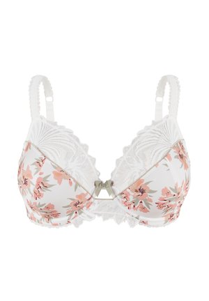 Soutien-gorge à motif floral blanc avec une dentelle délicate, en tissu doux et avec des bretelles ajustables. Le nœud central ajoute une touche de design subtile.