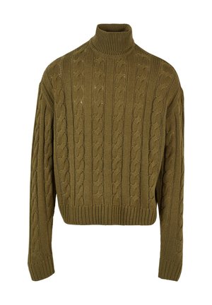Suéter de punto cableado en verde oliva con cuello alto, mangas largas y dobladillo acanalado. Presenta patrones texturizados en toda la tela.