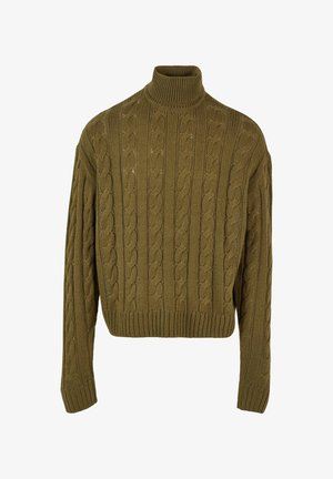 Oliwkowy sweter z dzianiny w warkocze z wysokim kołnierzem, długimi rękawami i ściągaczem na dole. Posiada teksturowane wzory na całej powierzchni materiału.