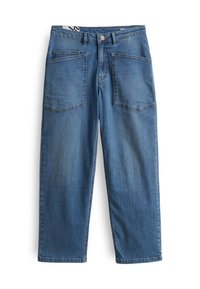 Blå denimjeans med en avslappnad passform, med två framfickor och två bakfickor. Tyget har en mjuk struktur med subtila blekta områden.