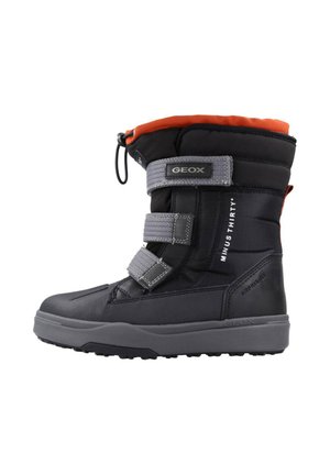 Schwarzer Winterstiefel mit orangefarbenem Futter, verfügt über drei graue Riemen, ein wasserdichtes Design und eine profilierte Gummisohle für besseren Halt.