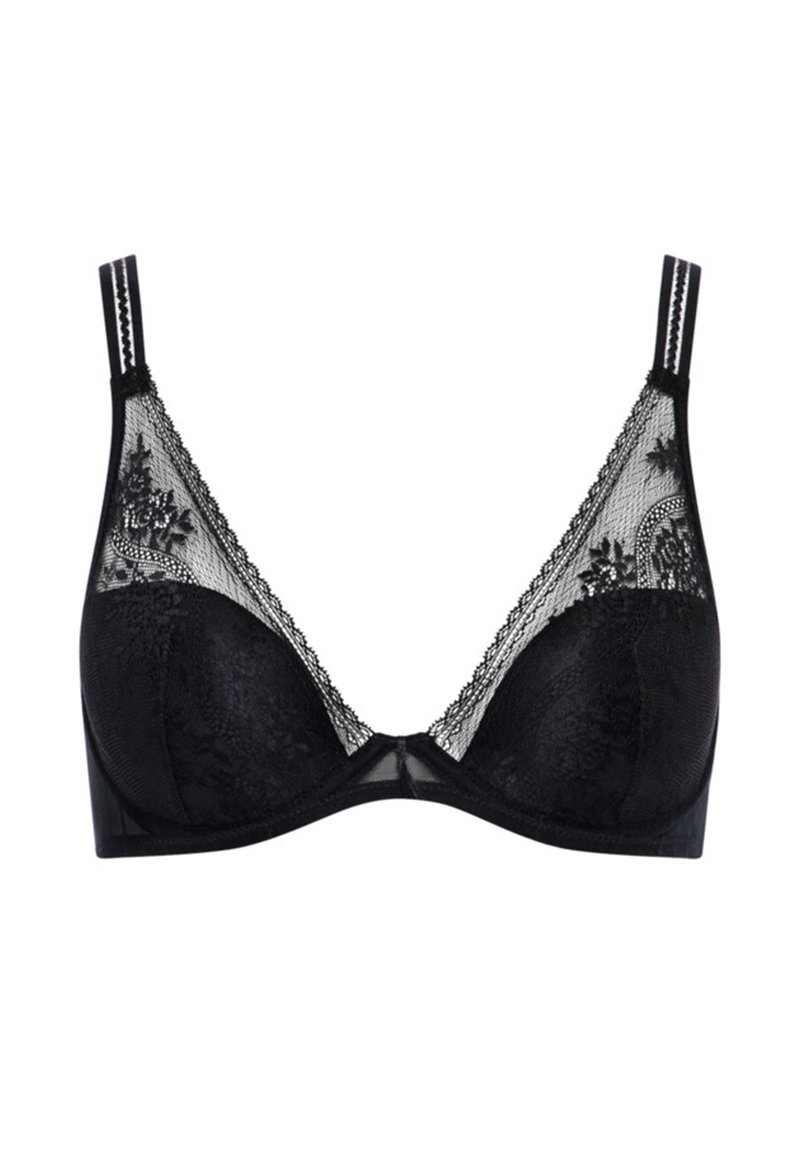 Black lace bra with sheer mesh panels, floral patterns, and adjustable straps. Soft cups provide subtle shaping and support.