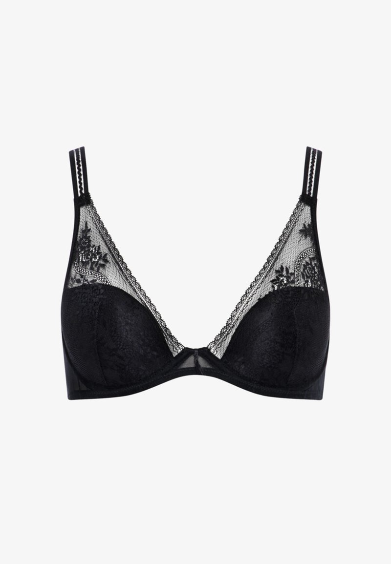 Black lace bra with sheer mesh panels, floral patterns, and adjustable straps. Soft cups provide subtle shaping and support.