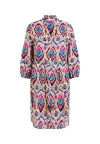 Vestido con patrón, cuello, mangas largas y botones. Presenta un diseño ikat vibrante y multicolor sobre un fondo claro.