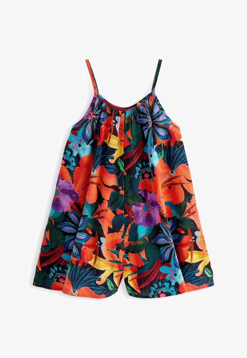 Combinaison sans manches à motif floral dans des nuances vives d'orange, de violet et de vert. Confectionnée dans un tissu léger avec une coupe décontractée et un col élastique.