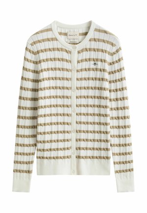 Witte geribde cardigan met beige horizontale strepen, ronde hals, knopen aan de voorkant en klein geborduurd logo op de borst.