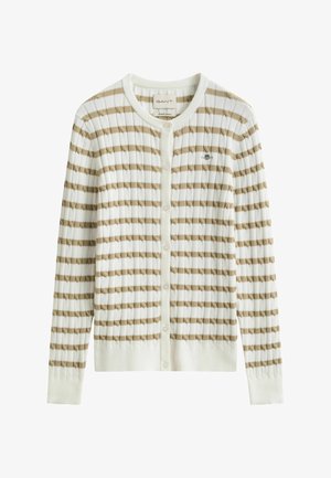 Witte geribde cardigan met beige horizontale strepen, ronde hals, knopen aan de voorkant en klein geborduurd logo op de borst.