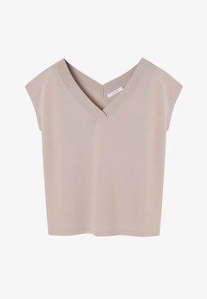 Korte mouwen top, V-hals ontwerp, zachte stof, lichtbeige kleur, relaxte pasvorm, geen zichtbare patronen of hardware, scherpe randen.