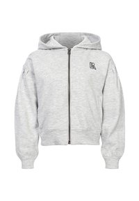 Grijze rits-huidsweater van zachte katoen. Voorzien van ribgebreide manchetten en zoom, met een klein zwart logo op de linkerborst.