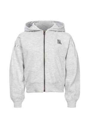 Grijze rits-huidsweater van zachte katoen. Voorzien van ribgebreide manchetten en zoom, met een klein zwart logo op de linkerborst.