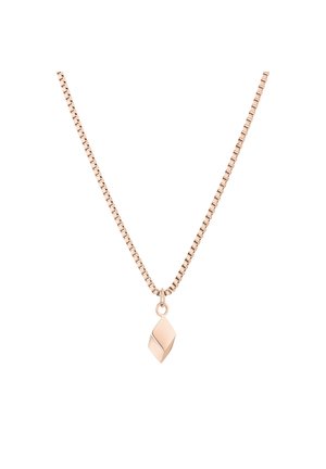 Collier chaîne en or rose avec un petit pendentif géométrique poli en forme de losange, centré sur un fond blanc.