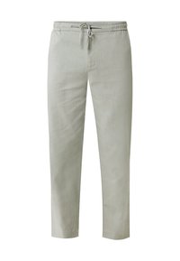 Lichtgrijze, lichtgewicht broek met een elastische tailleband en een trekkoord, taps toelopende snit en een gladde textuur. Bevat geen zichtbare patronen of metalen hardware.