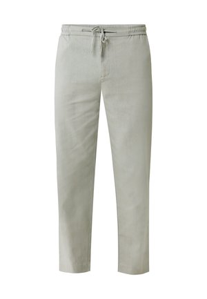 Pantaloni leggeri grigio chiaro, con vita elasticizzata e cordoncino, dal taglio affusolato e texture liscia. Non presentano motivi visibili né accessori.