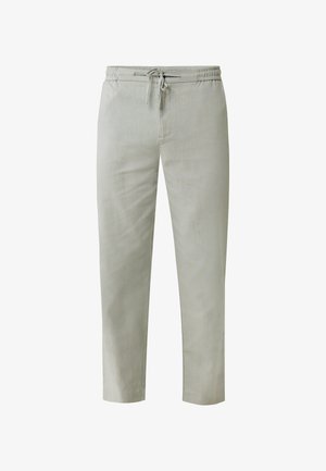 Pantaloni leggeri grigio chiaro, con vita elasticizzata e cordoncino, dal taglio affusolato e texture liscia. Non presentano motivi visibili né accessori.