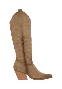 Bota vaquera de imitación de cuero en color tostado con punta afilada, costuras decorativas y cremallera lateral. Incorpora un tacón apilado para mayor estabilidad.