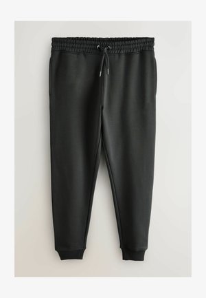 Fekete melegítónadrág elasztikus derékkal, állítható húzózsinórral, oldalsó zsebekkel és bordázott mandzsettákkal. Sima, rugalmas anyagból készült.