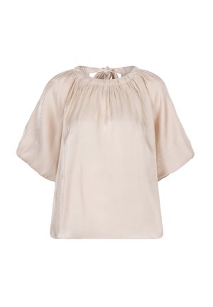 Beige Bluse mit hohem Kragen und einer Schleife hinten. Mit kurzen, weiten Ärmeln und einer glatten, leicht glänzenden Stoffstruktur.