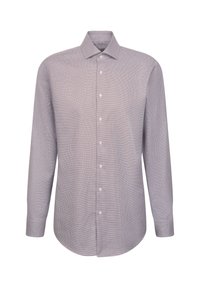 Langarmhemd mit einem kleinen karierten Muster, überwiegend in Weiß und Marineblau, mit klassischem Kragen und abgerundetem Saum.
