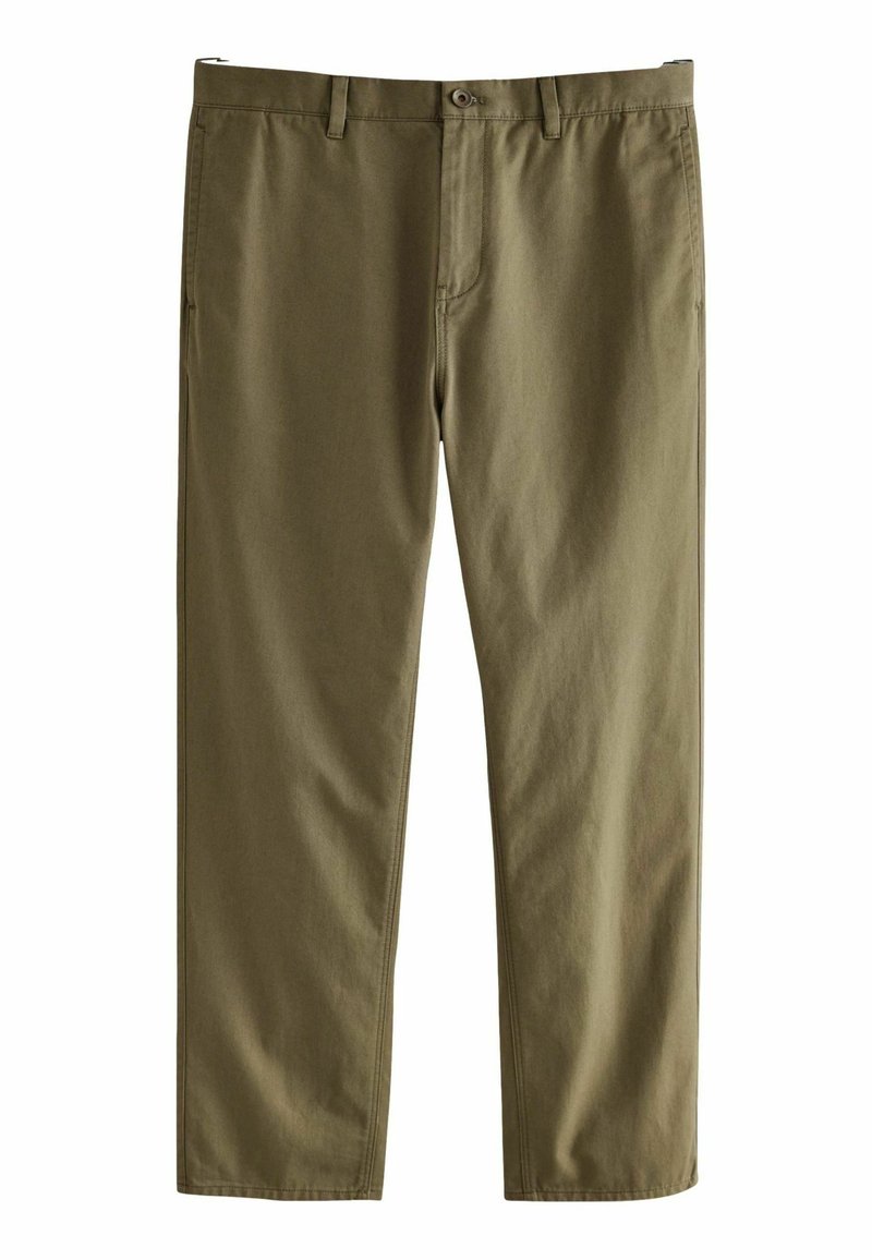 Chinos en coton vert olive avec une coupe droite, fermeture à bouton et passants de ceinture. Dispose de poches avant et d'une finition lisse et texturée.