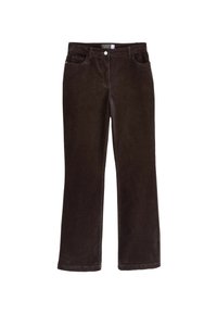 Braune Cordhosen mit Schlagbeinform, fünf Taschen, vorderer Knopfverschluss und weichem, strukturiertem Stoff.