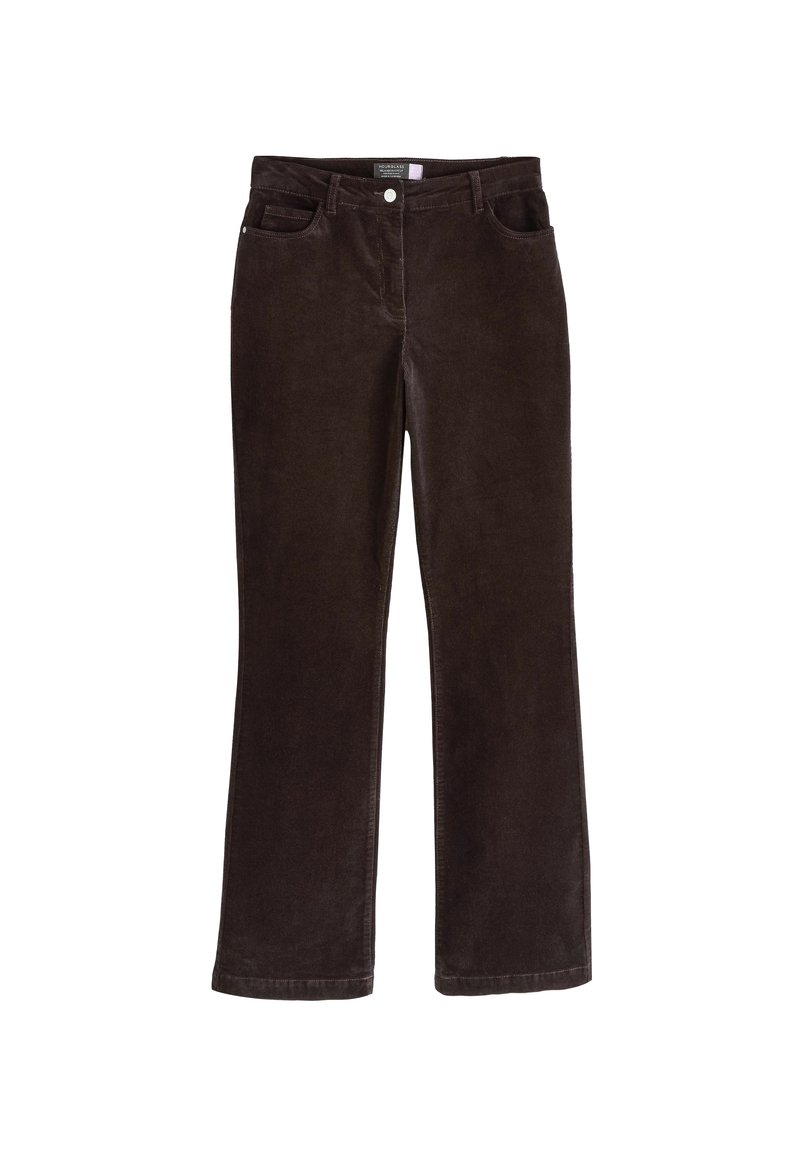 Braune Cordhosen mit Schlagbeinform, fünf Taschen, vorderer Knopfverschluss und weichem, strukturiertem Stoff.