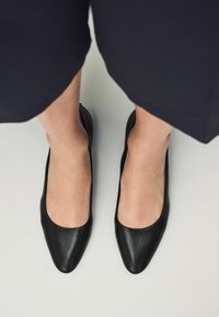 Scarpe basse in pelle nera con una consistenza liscia, design a punta e taglio basso sui lati, su uno sfondo chiaro.
