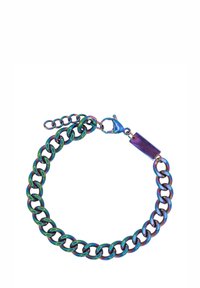Bracelet en chaîne métallique avec de grands maillons entrelacés dans des teintes iridescentes de vert, bleu et violet. Il possède un fermoir et une chaîne réglable.
