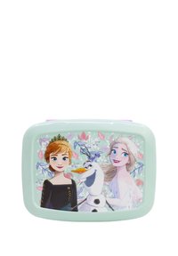 Lunch box in plastica verde menta con una stampa dei personaggi Anna, Elsa e Olaf, arricchita da accenti floreali e colori tenui.
