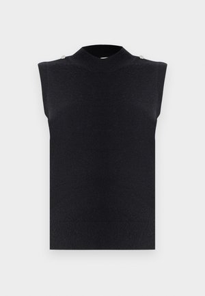 Czarna bezrękawnikowa dzianinowa kamizelka z wysokim, okrągłym dekoltem i dwoma małymi guzikami na szwach ramion, gładka tkanina o fakturze.