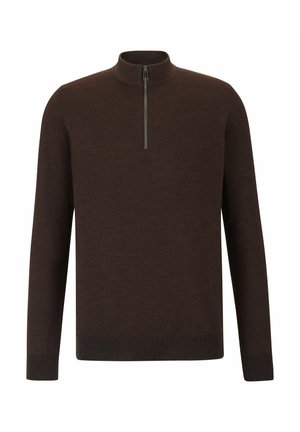 Maglione a maglia marrone con colletto alto e design con zip a un quarto. Maniche lunghe e polsini e orlo a coste. Tessuto liscio, stile versatile.