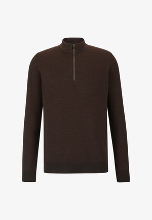 Bruine gebreide pullover met een hoge kraag en een kwart-ritsontwerp. Lange mouwen en geribbelde manchetten en zoom. Soepele textuur, veelzijdige stijl.