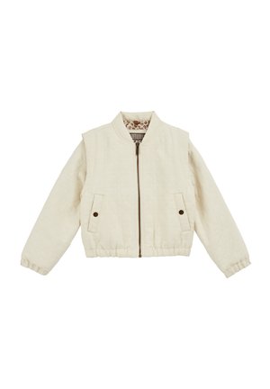 Quilted cream jacket with a zip front, side pockets, and ribbed cuffs. Inside features a patterned lining. Standard bomber style.