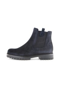 Marineblauwe suède Chelsea-boots met elastische zijpanelen, een gestructureerde achterkant en een robuuste zwarte rubbersole. Voorzien van een trekband voor gemakkelijke instap.