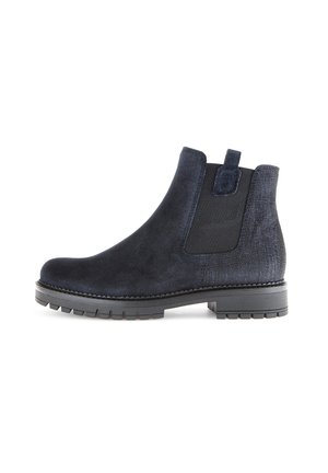 Navy blue suede Chelsea boots with elastic side panels, a textured back, and a rugged black rubber sole. Features a pull tab for easy wear.